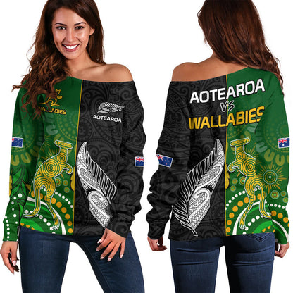 Aotearoa Rugby All Black Combine Australia Wallabies Women Off Shoulder Sweater Aboriginal Kangaroo And Maori Fern