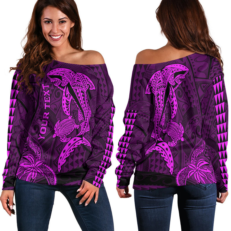 (Custom Personalised) Hawaii Women Off Shoulder Sweater Shark and Turtle Mix Kakau Purple
