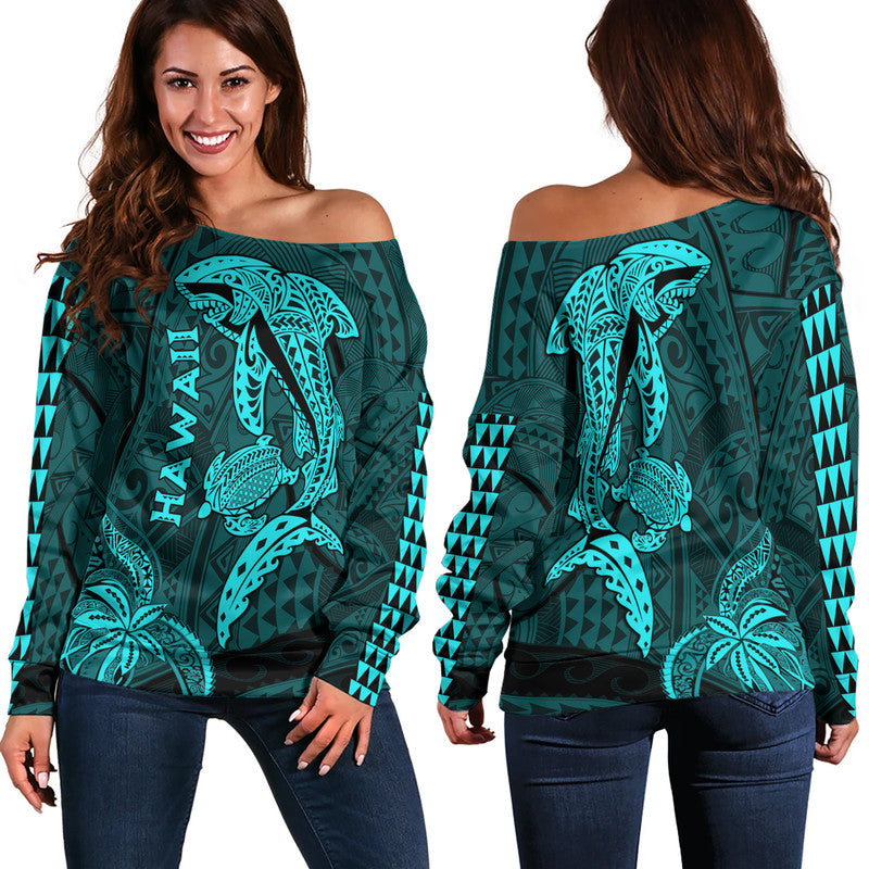 Hawaii Women Off Shoulder Sweater Shark and Turtle Mix Kakau Turquoise