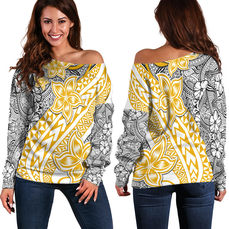 Traditional Polynesian Tribal Tattoo Retro Women Off Shoulder Sweater Yellow