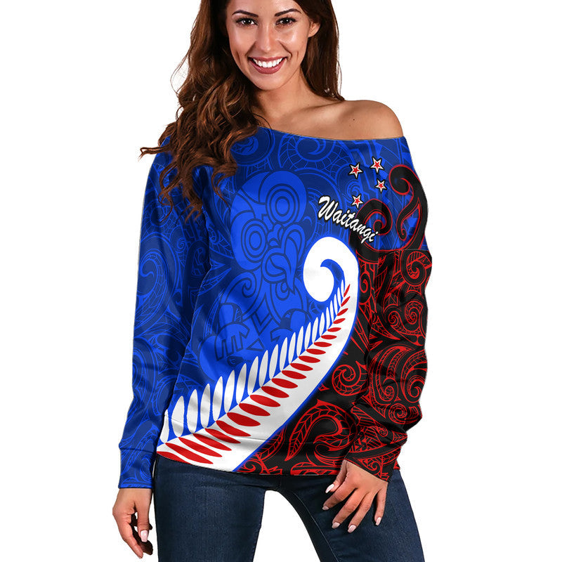 Waitangi Day Women Off Shoulder Sweater Aotearoa Hei Tiki Silver Fern