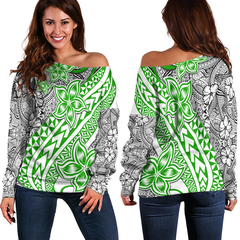 Traditional Polynesian Tribal Tattoo Retro Women Off Shoulder Sweater Green