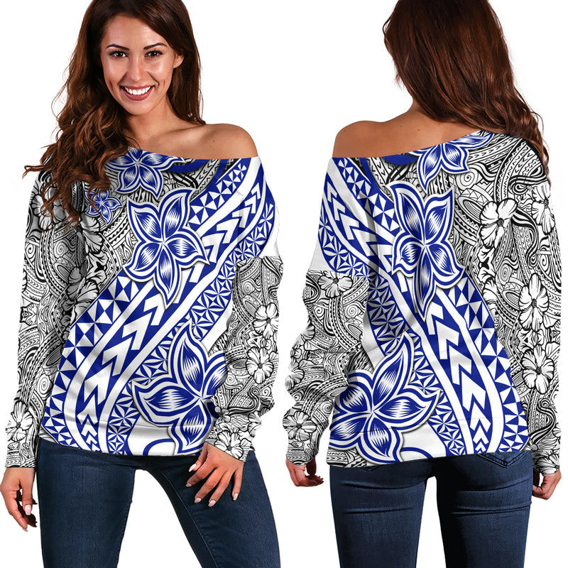 Traditional Polynesian Tribal Tattoo Retro Women Off Shoulder Sweater Blue