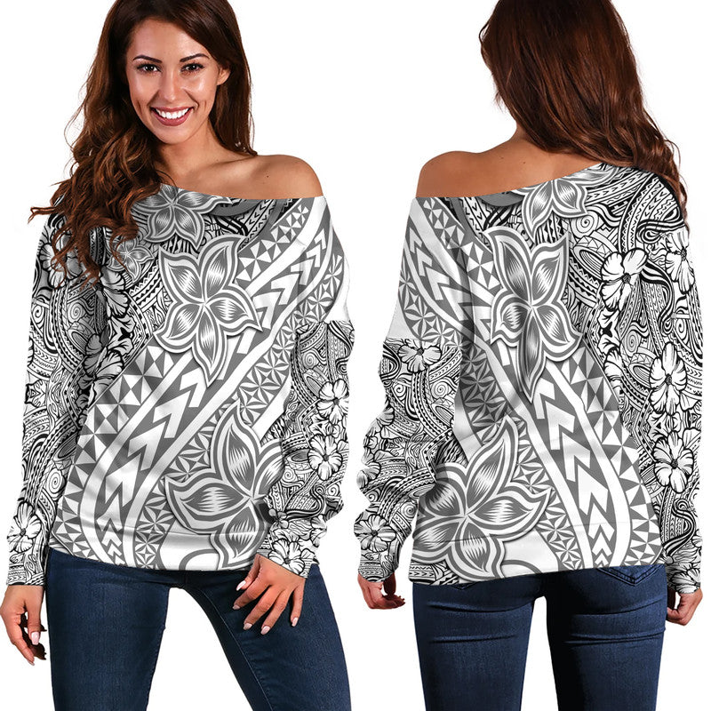 Traditional Polynesian Tribal Tattoo Retro Women Off Shoulder Sweater Grey