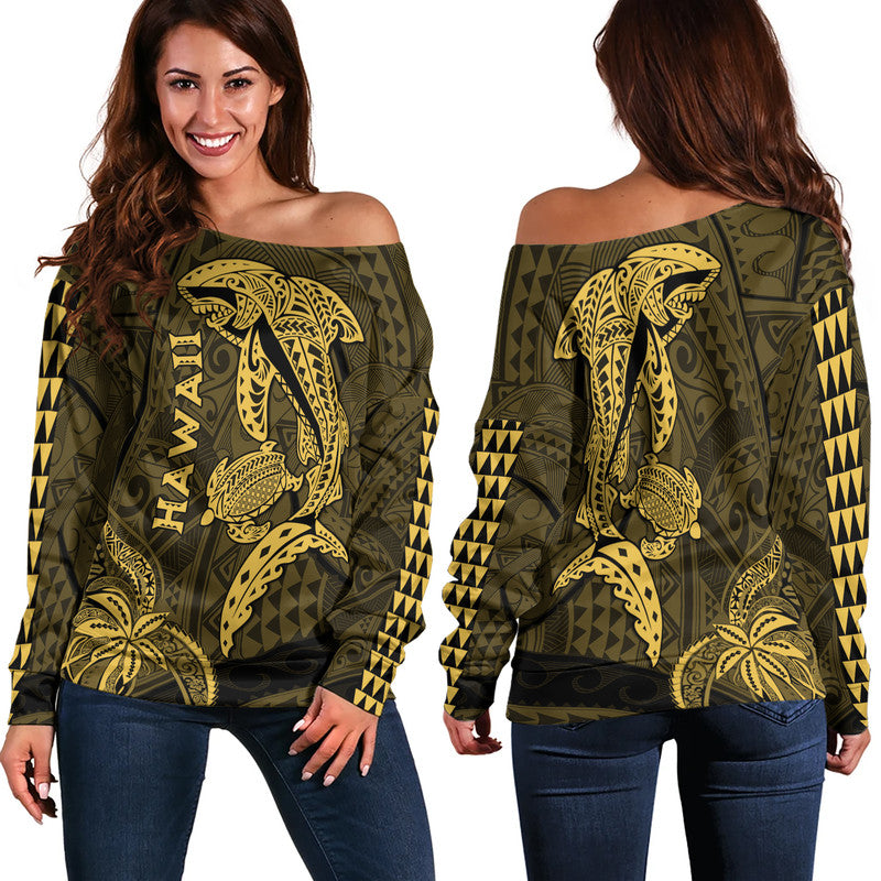Hawaii Women Off Shoulder Sweater Shark and Turtle Mix Kakau Gold