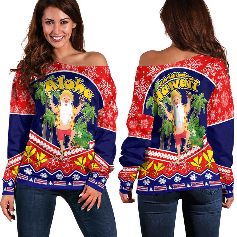 Hawaii Santa Kalikimaka Palm And Hibiscus Christmas Vibe Women Off Shoulder Sweater