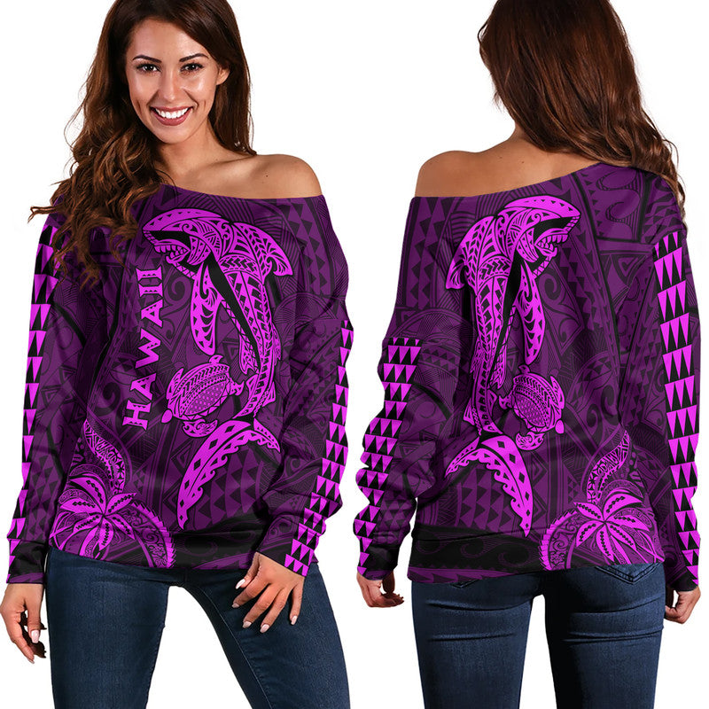 Hawaii Women Off Shoulder Sweater Shark and Turtle Mix Kakau Purple