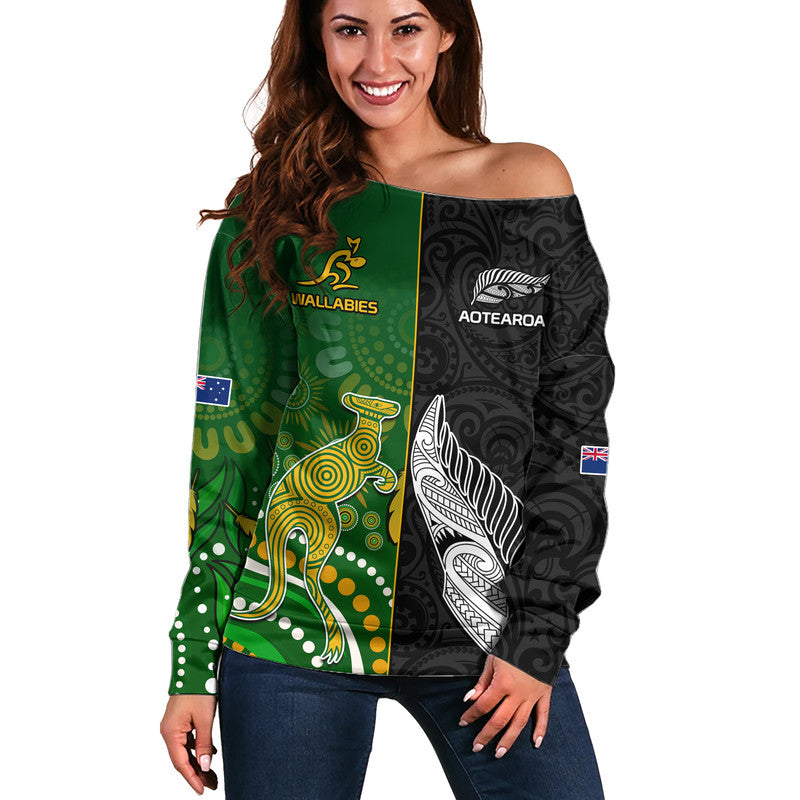 Aotearoa Rugby All Black Combine Australia Wallabies Women Off Shoulder Sweater Aboriginal Kangaroo And Maori Fern