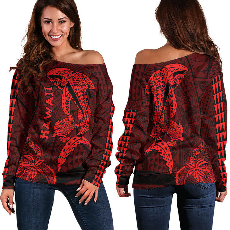 Hawaii Women Off Shoulder Sweater Shark and Turtle Mix Kakau Red
