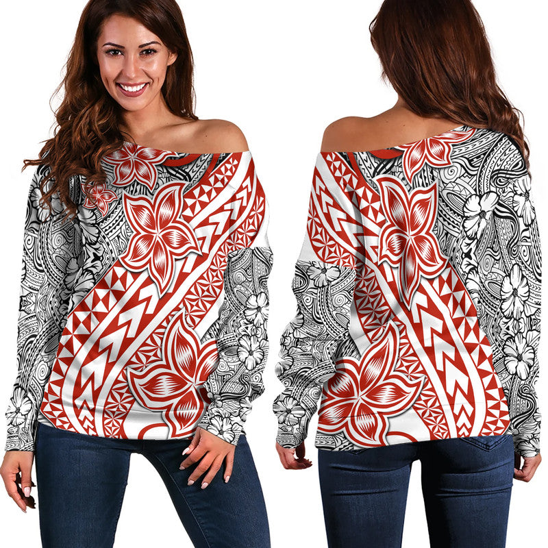 Traditional Polynesian Tribal Tattoo Retro Women Off Shoulder Sweater Red