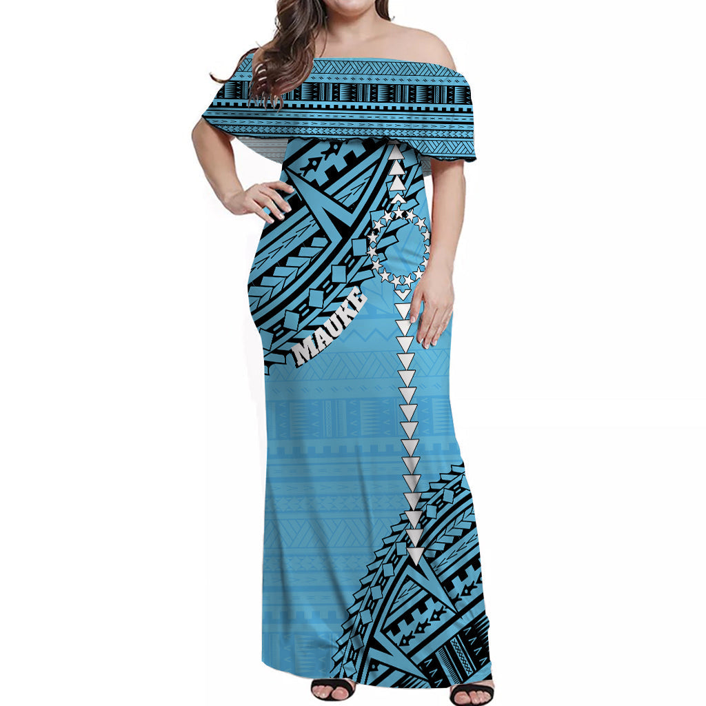 Cook Islands Tribal Off Shoulder Long Dress Island Map Mauke Island