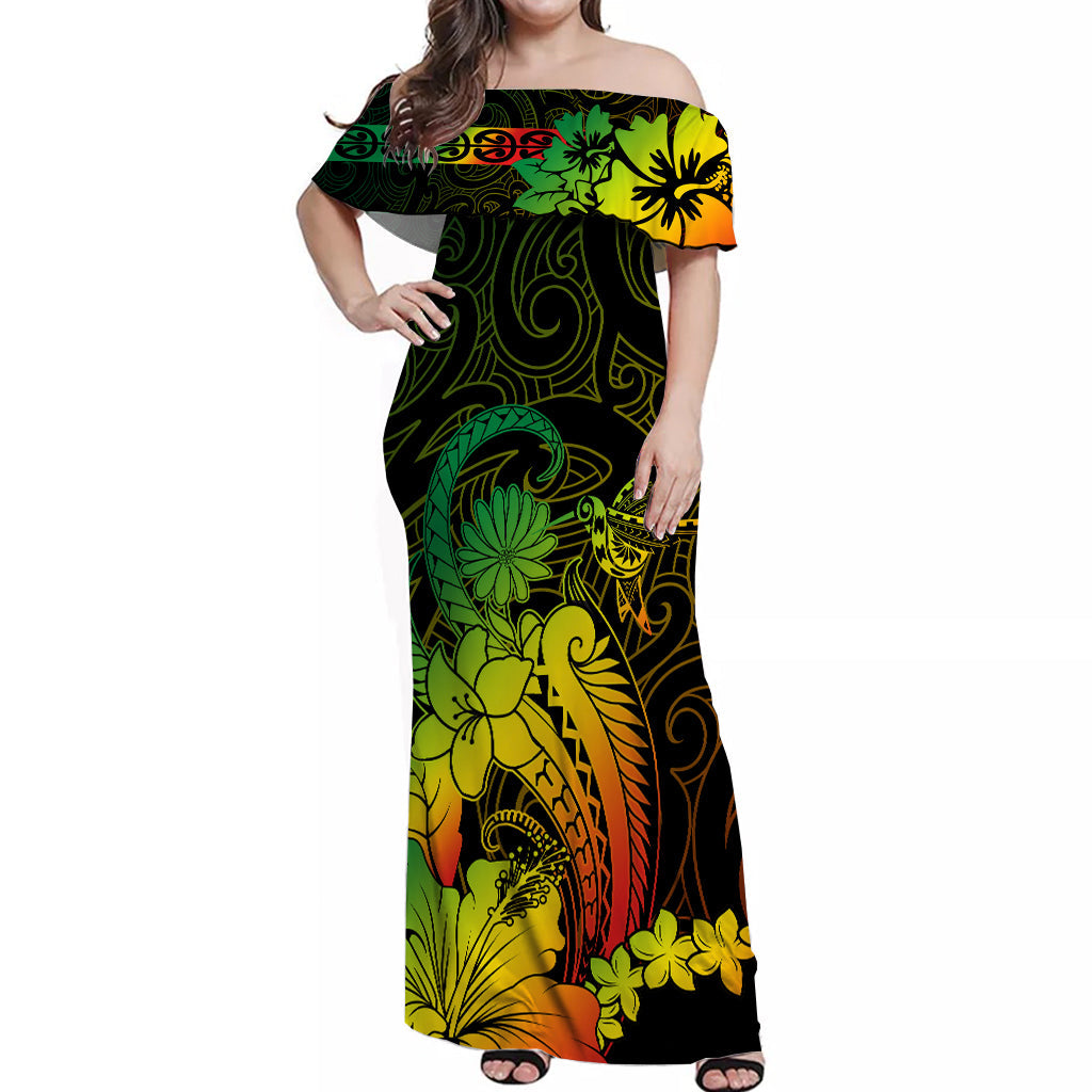 Maori Floral Pattern Off Shoulder Long Dress Hummingbird Reggae Color