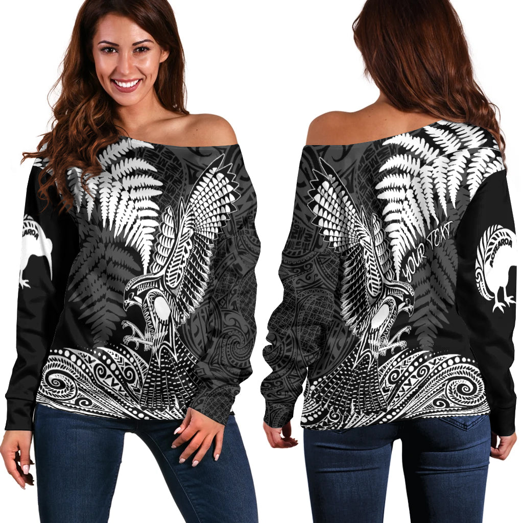 (Custom Personalized) Aotearoa Silver Fern Off Shoulder Sweater Flying Kārearea