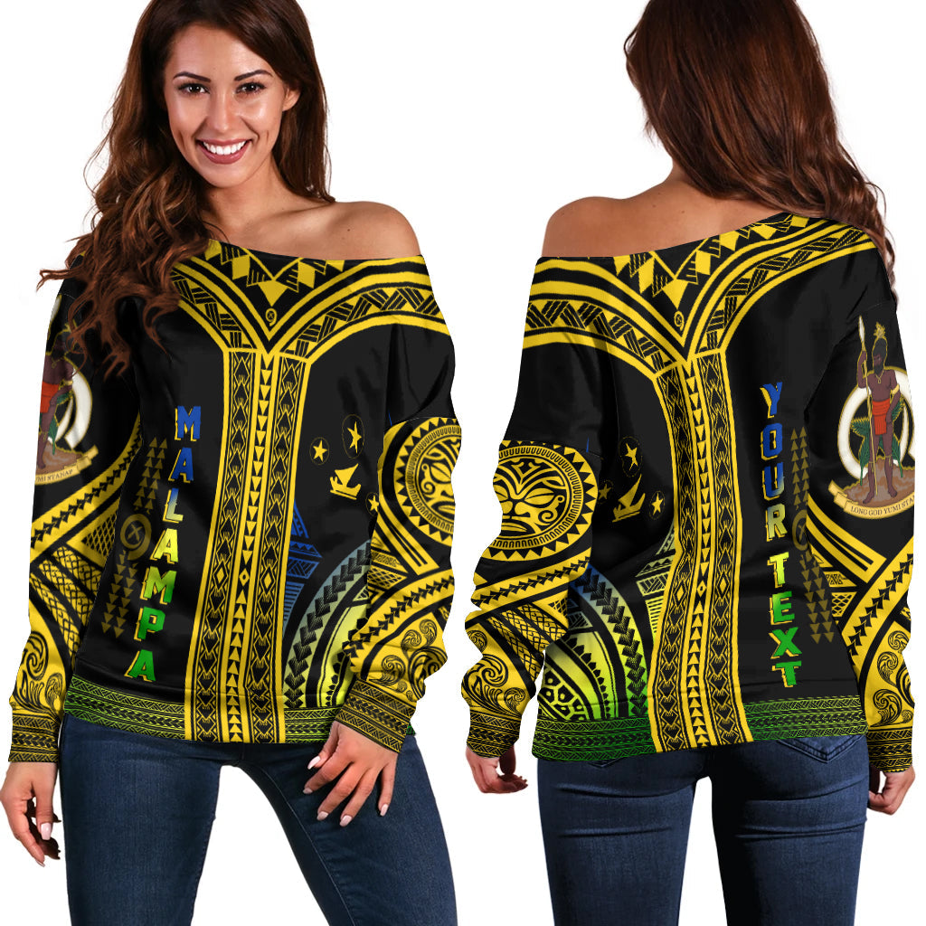 (Custom Personalised) Vanuatu Malampa Province Off Shoulder Sweater Unique Black & Gold
