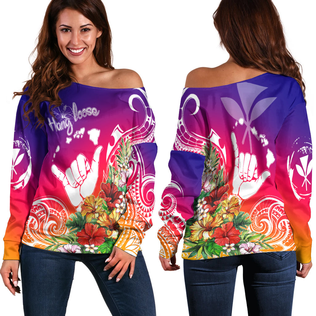 Hawaii Sunset with Hibiscus Off Shoulder Sweater Shaka Hang Loose