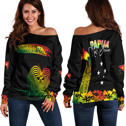 PNG Hibiscus Tribal Pattern Off Shoulder Sweater Motuan Reggae Color