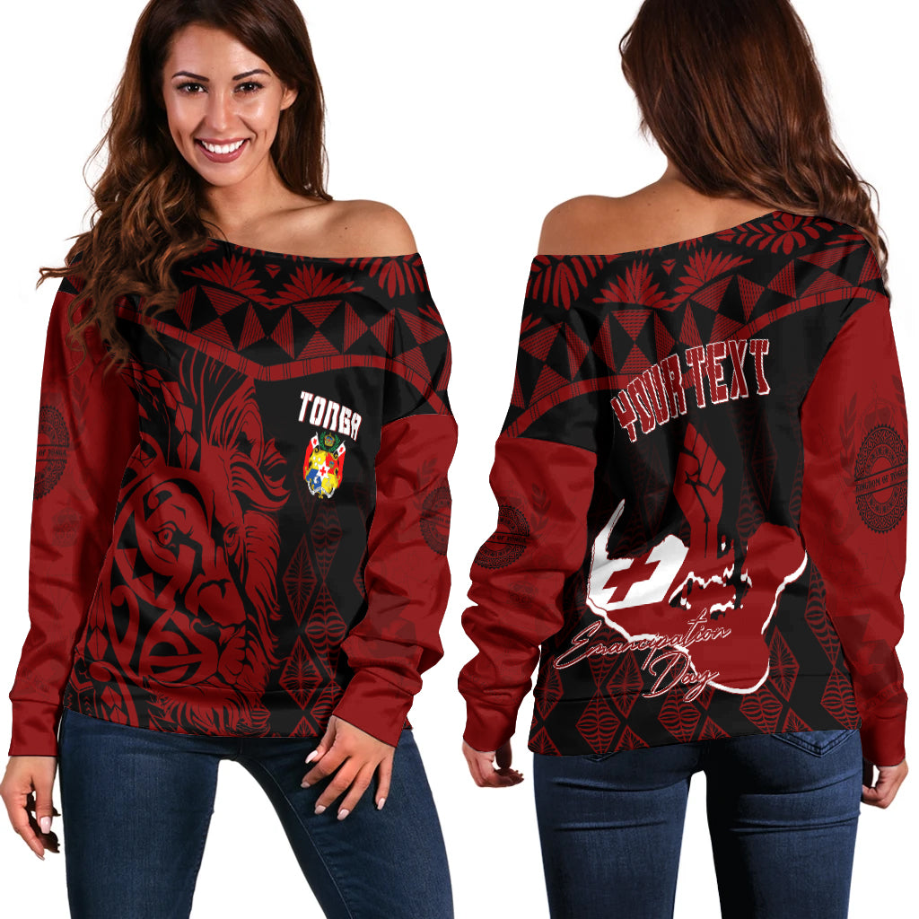 Tonga Personalised Off Shoulder Sweater Emancipation Day Lion Style Black