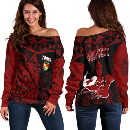 Tonga Personalised Off Shoulder Sweater Emancipation Day Lion Style Black