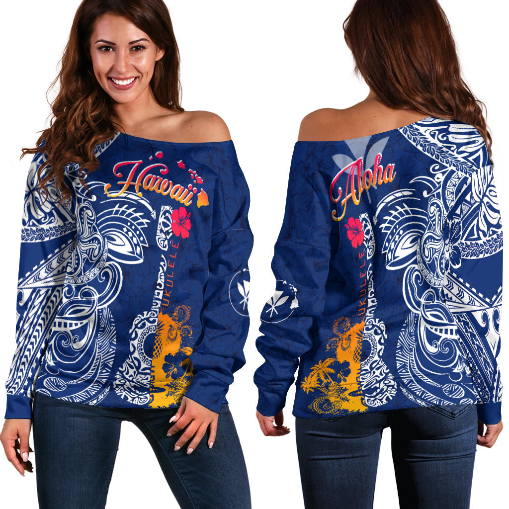 Hawaii Ukulele Unique Style Off Shoulder Sweater Hibiscus Pattern
