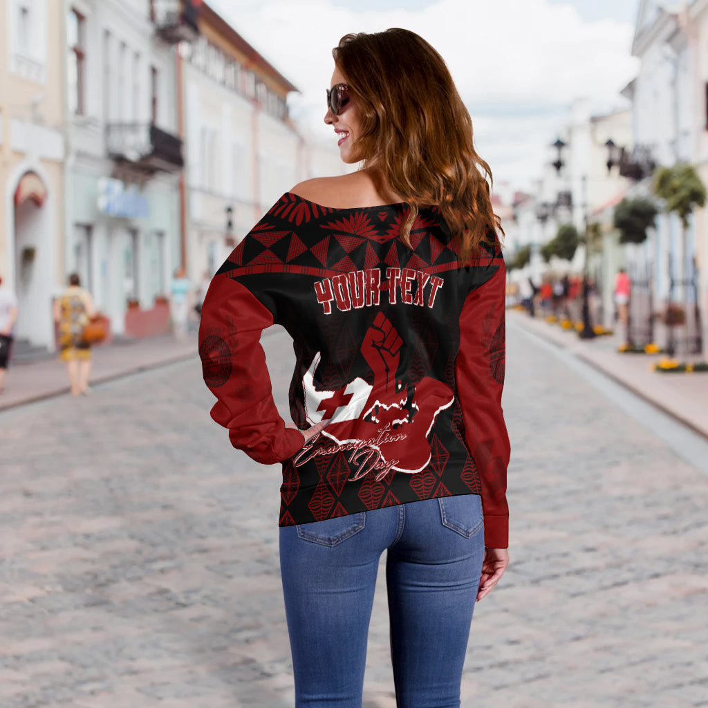 Tonga Personalised Off Shoulder Sweater Emancipation Day Lion Style Black