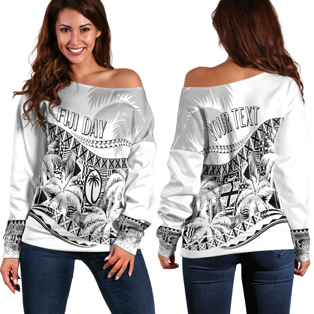 Personalised Fiji Day Off Shoulder Sweater Flying Fijians Masi Kesa Style White