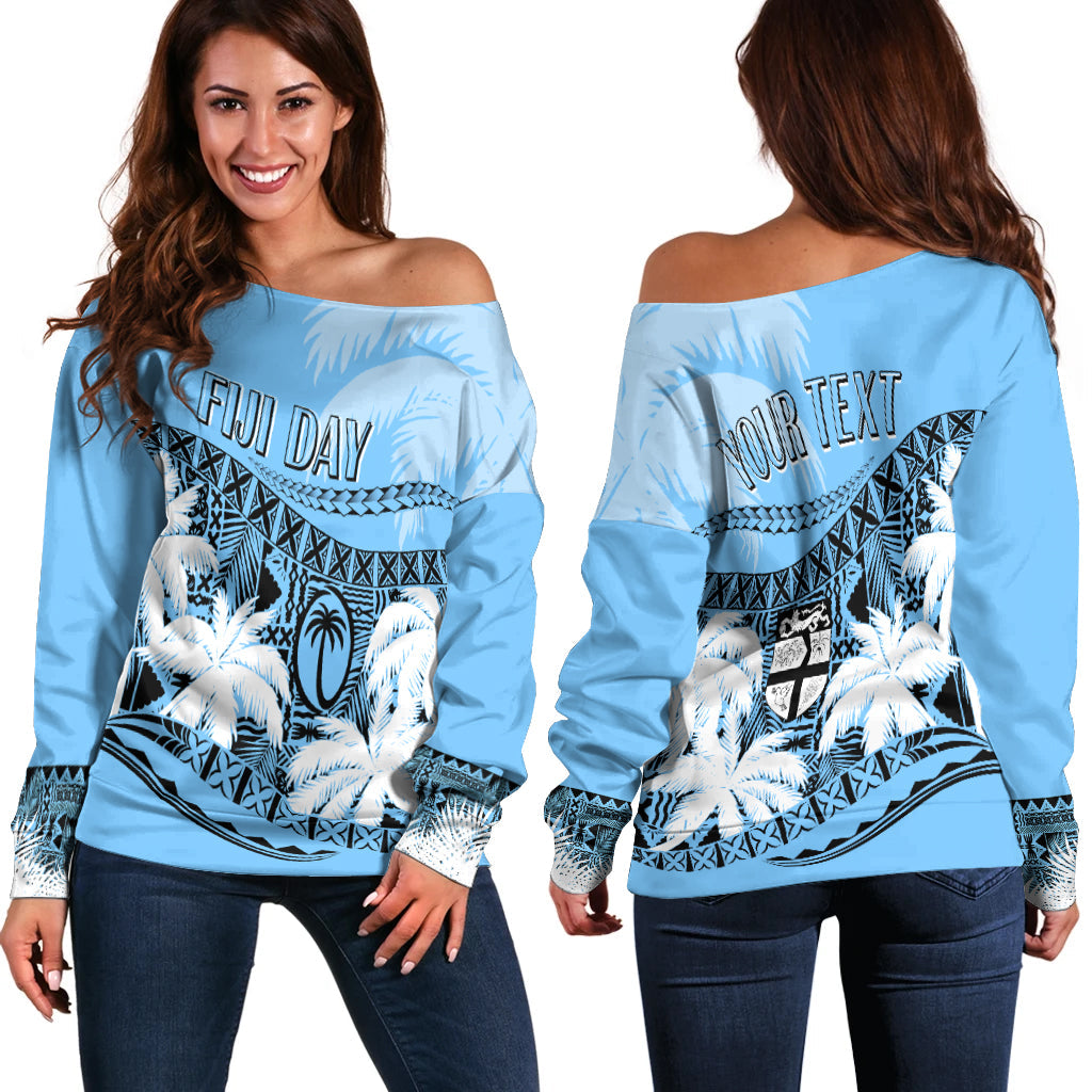 Personalised Fiji Day Off Shoulder Sweater Flying Fijians Masi Kesa Style Turquoise