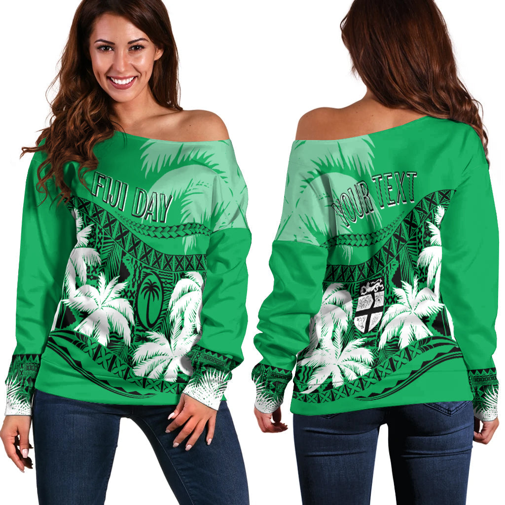 Personalised Fiji Day Off Shoulder Sweater Flying Fijians Masi Kesa Style Green
