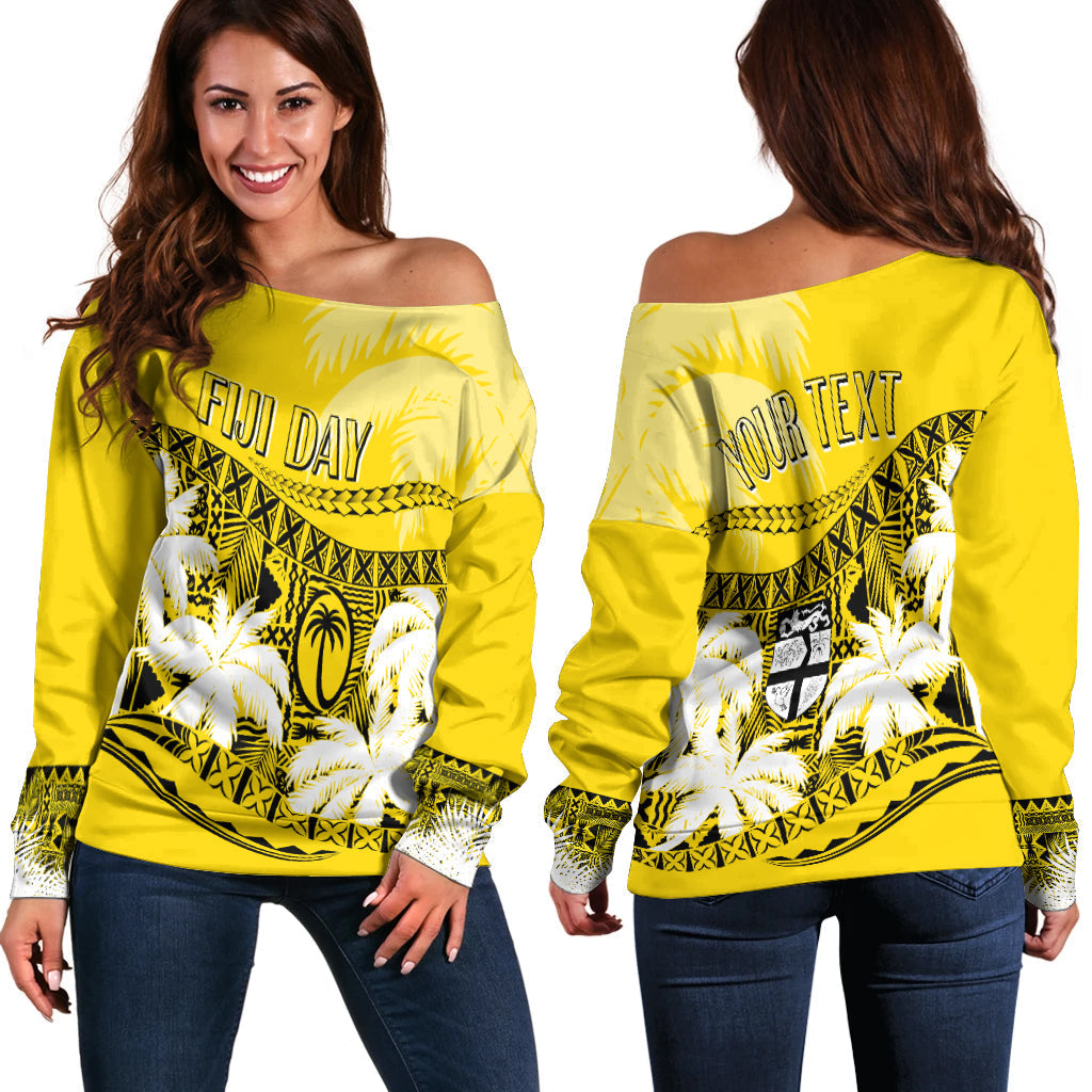 Personalised Fiji Day Off Shoulder Sweater Flying Fijians Masi Kesa Style Gold