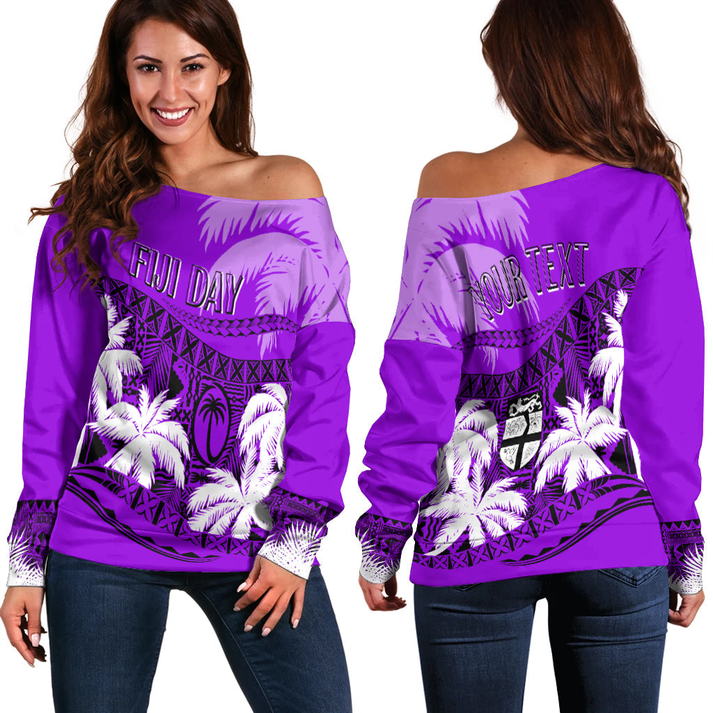 Personalised Fiji Day Off Shoulder Sweater Flying Fijians Masi Kesa Style Violet