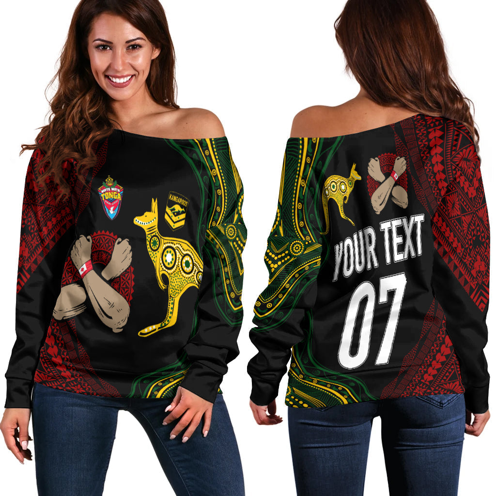 Personalised Aussie Kangaroos Mix Mate Maa Tonga Off Shoulder Sweater Aboriginal with Kupesi