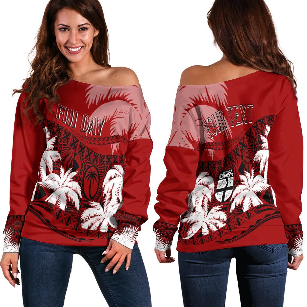 Personalised Fiji Day Off Shoulder Sweater Flying Fijians Masi Kesa Style Red