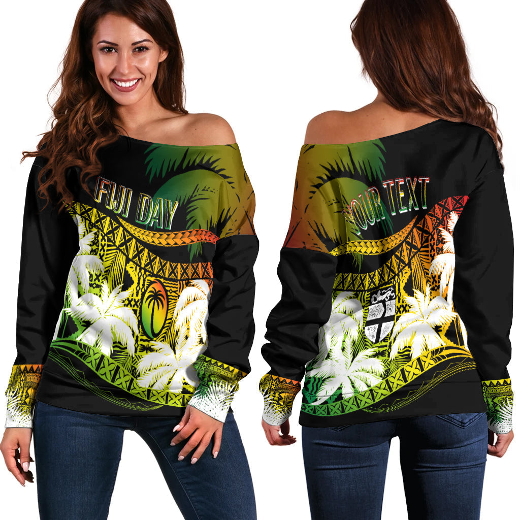 Personalised Fiji Day Off Shoulder Sweater Flying Fijians Masi Kesa Style Reggae