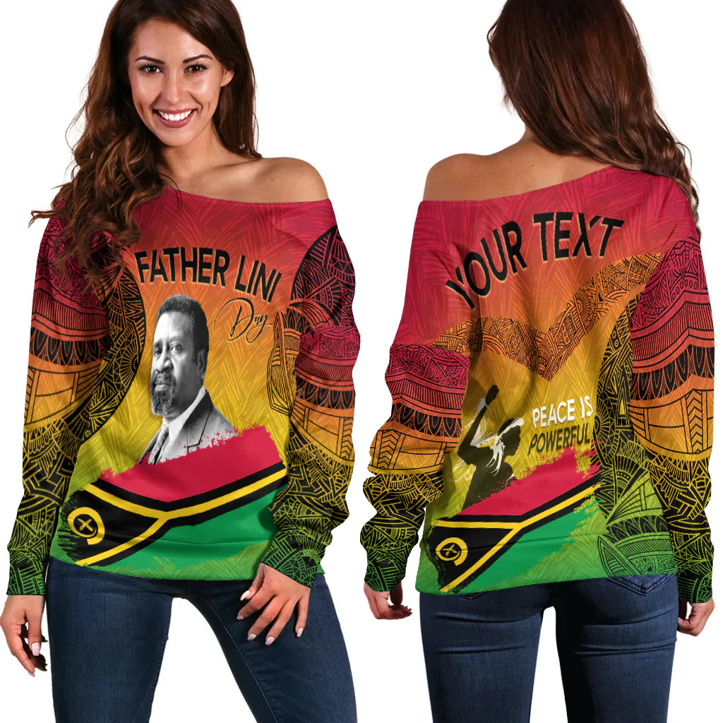 Vanuatu Father Lini Quote Off Shoulder Sweater Flag Style Black