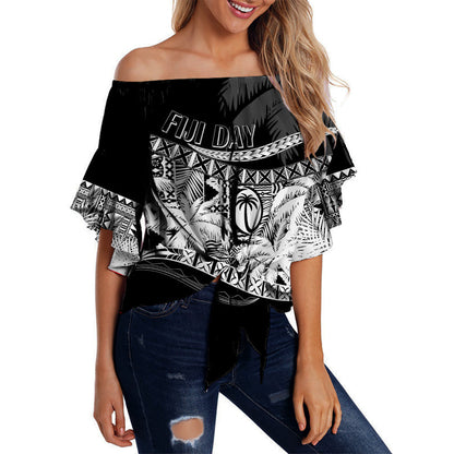 Personalised Fiji Day Off Shoulder Waist Wrap Top Flying Fijians Masi Kesa Style - Black
