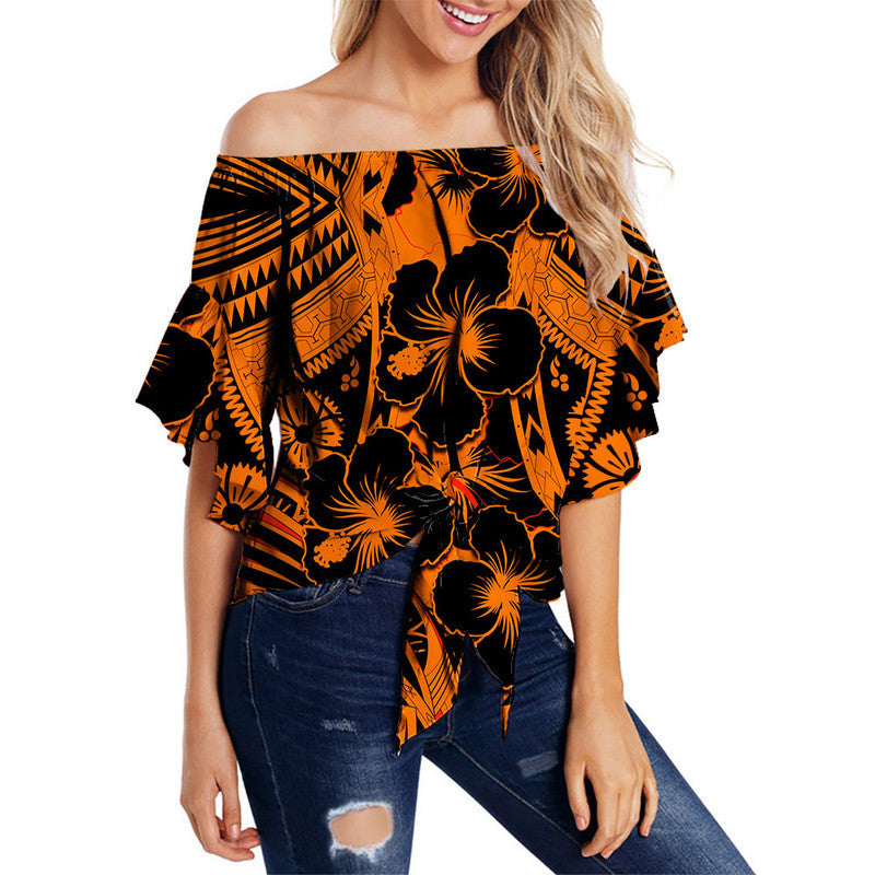 Hibiscus Off Shoulder Waist Wrap Top Fiji Patterns Orange