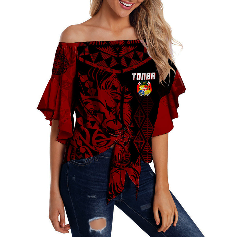 Tonga Personalised Off Shoulder Waist Wrap Top Emancipation Day Lion Style - Black