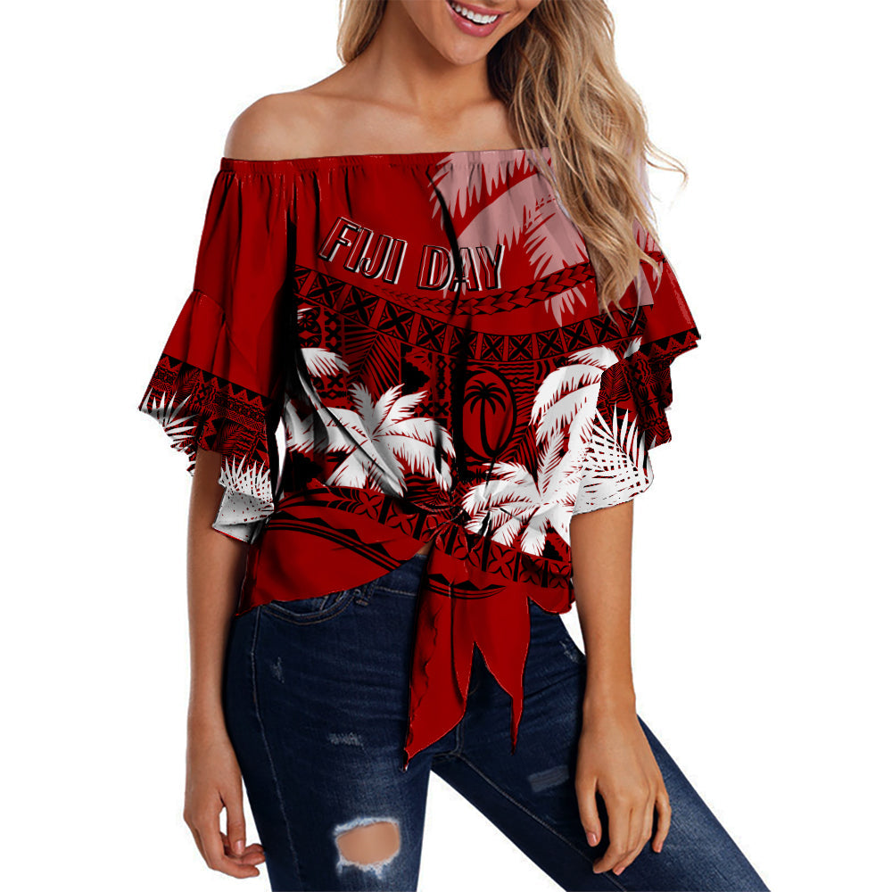 Personalised Fiji Day Off Shoulder Waist Wrap Top Flying Fijians Masi Kesa Style - Red