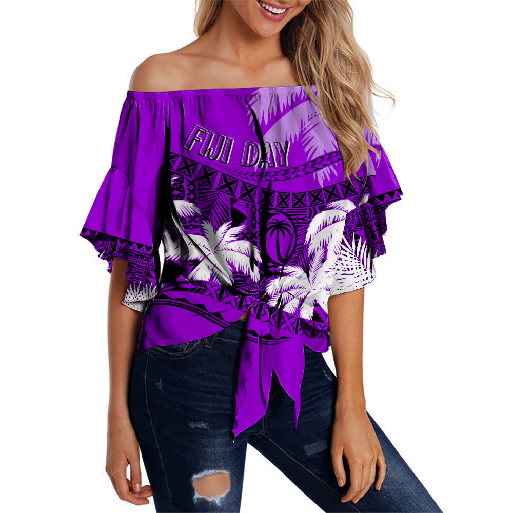 Personalised Fiji Day Off Shoulder Waist Wrap Top Flying Fijians Masi Kesa Style - Violet