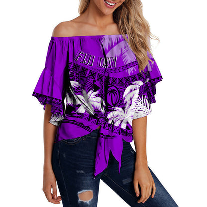 Personalised Fiji Day Off Shoulder Waist Wrap Top Flying Fijians Masi Kesa Style - Violet