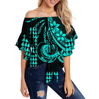 Kakau Hawaiian Polynesian Off Shoulder Waist Wrap Top Turquoise Green