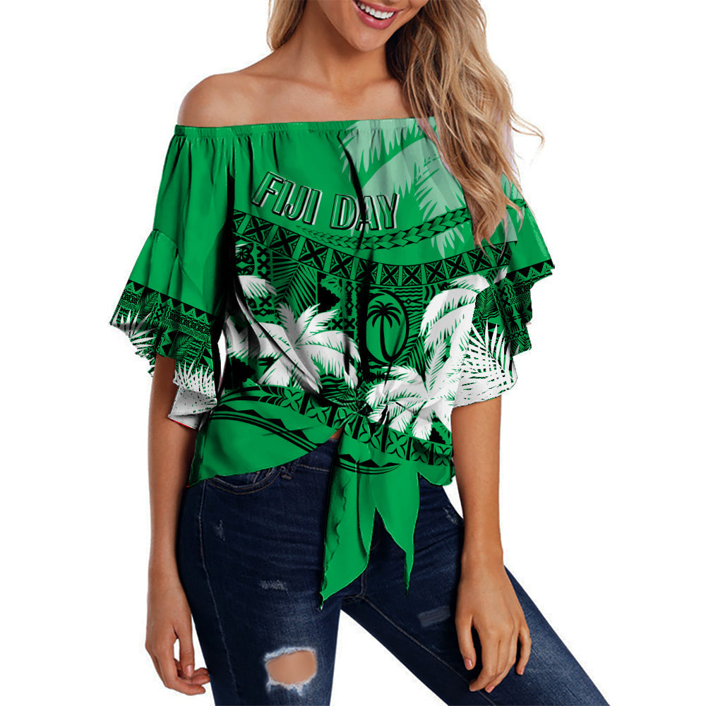 Personalised Fiji Day Off Shoulder Waist Wrap Top Flying Fijians Masi Kesa Style - Green