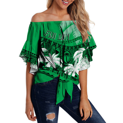 Personalised Fiji Day Off Shoulder Waist Wrap Top Flying Fijians Masi Kesa Style - Green