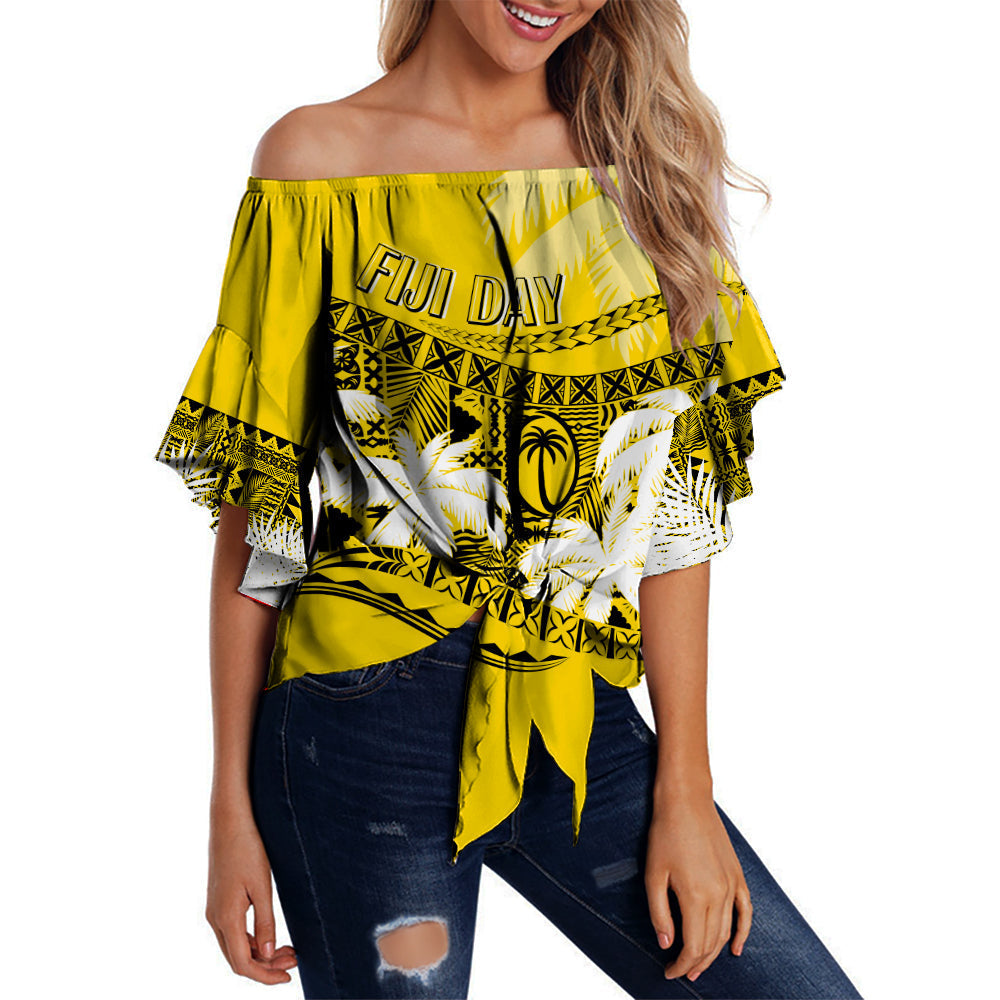 Personalised Fiji Day Off Shoulder Waist Wrap Top Flying Fijians Masi Kesa Style - Gold