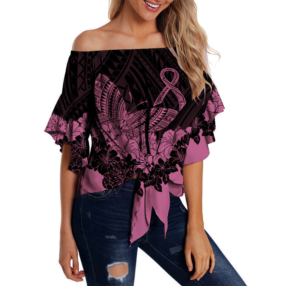 Polynesian Breast Cancer Awareness Off Shoulder Waist Wrap Top Floral Butterfly