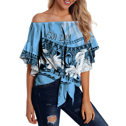 Personalised Fiji Day Off Shoulder Waist Wrap Top Flying Fijians Masi Kesa Style - Turquoise