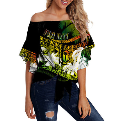 Personalised Fiji Day Off Shoulder Waist Wrap Top Flying Fijians Masi Kesa Style - Reggae