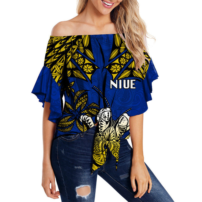 Niue Uga Off Shoulder Waist Wrap Top Tribal Patterns Blue Style