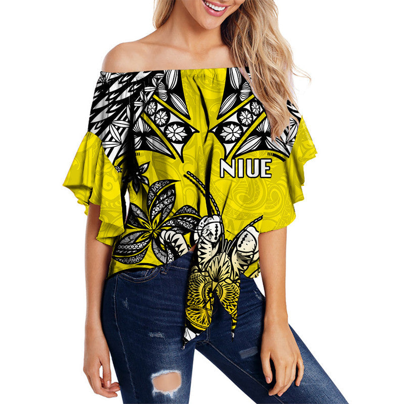 Niue Uga Off Shoulder Waist Wrap Top Tribal Patterns Yellow Style