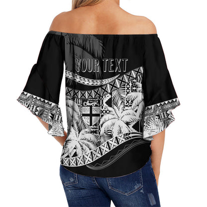 Personalised Fiji Day Off Shoulder Waist Wrap Top Flying Fijians Masi Kesa Style - Black