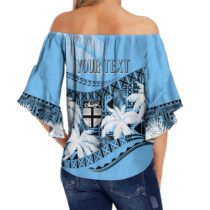 Personalised Fiji Day Off Shoulder Waist Wrap Top Flying Fijians Masi Kesa Style - Turquoise